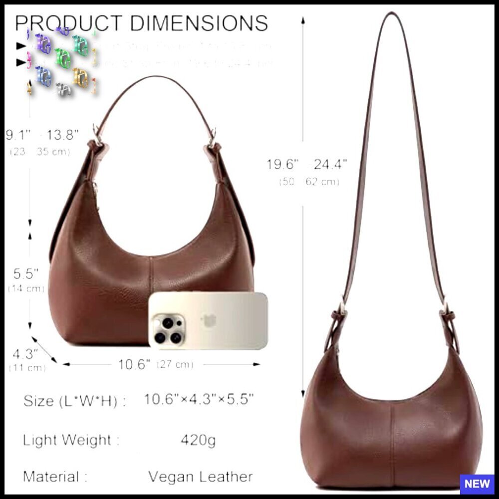 Vegan Leather Hobo Shoulder Bag Slouchy Tote Crossbody Purse Minimal Chic - Picture 6 of 7